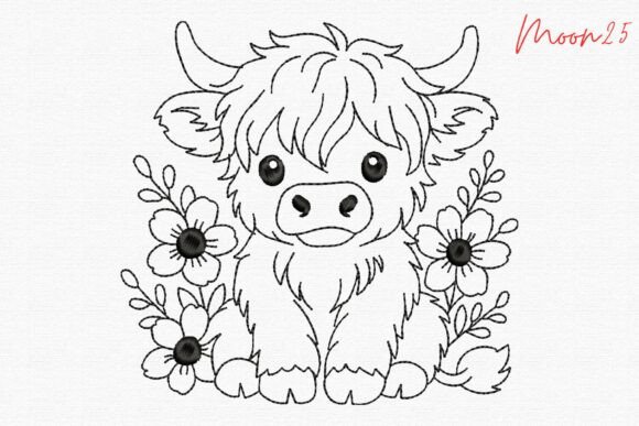 Cute Highland Cow with Flowers