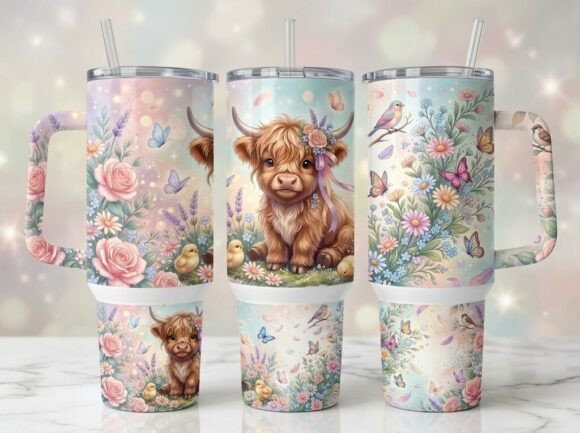 Dreamy Pastel Floral Cow Tumbler Design