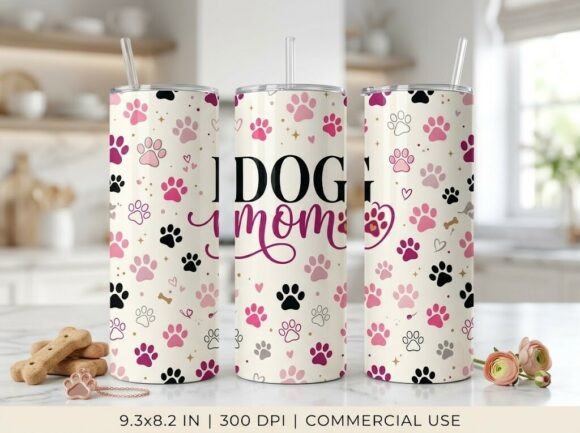 Lovely Pink Dog Mom Paw Tumbler Design