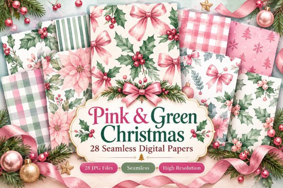Pink & Green Christmas Digital Seamless