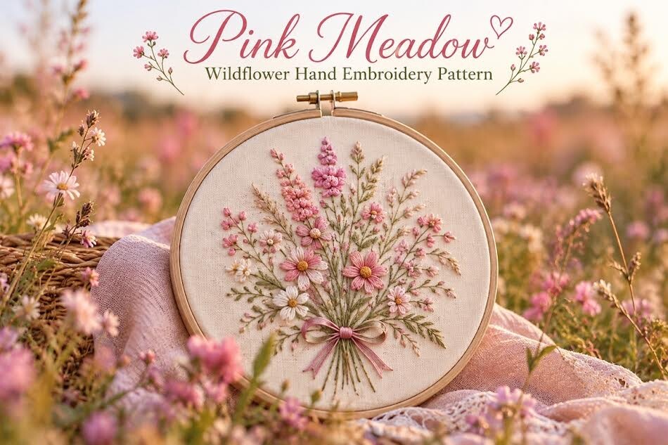 Pink Meadow Wildflower Hand Embroidery