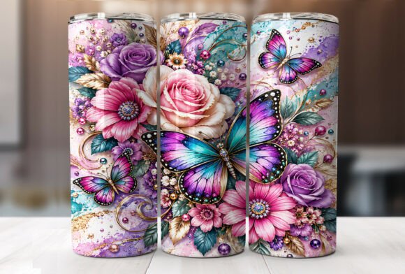 Purple Butterfly Floral 20oz Tumbler PNG