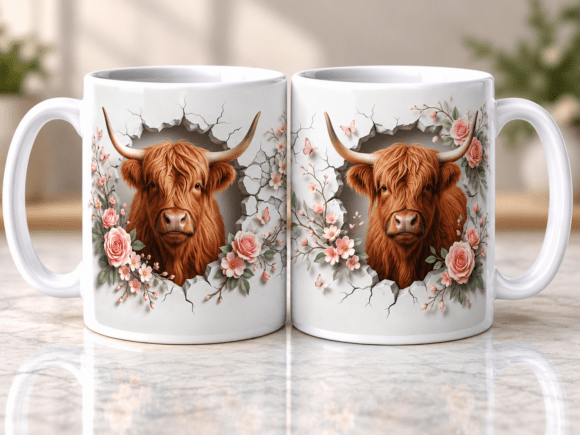 Realistic Highland Cow Floral Mug Design Graphics