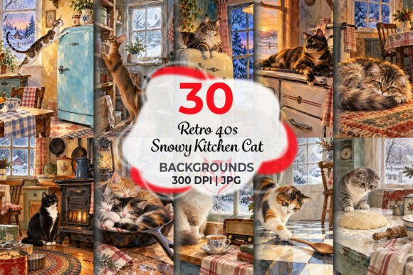 Retro 40s Snowy Kitchen Cat Backgrounds