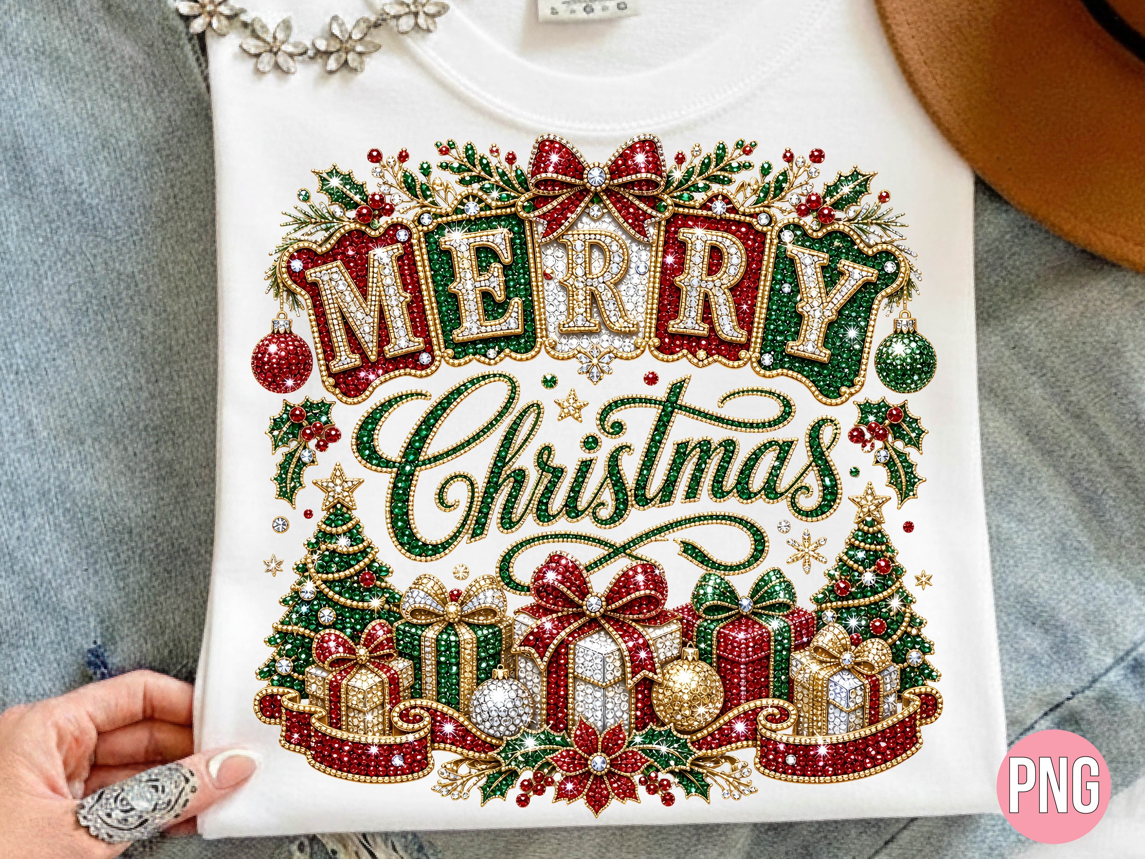 Rhinestone Merry Christmas PNG T-Shirt