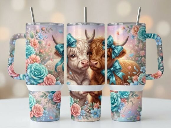 Romantic Highland Cows Tumbler Design