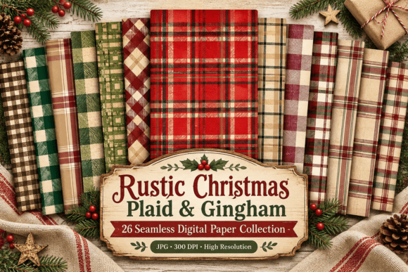 Rustic Christmas Plaid & Gingham Graphic Patterns By Lazy Arts