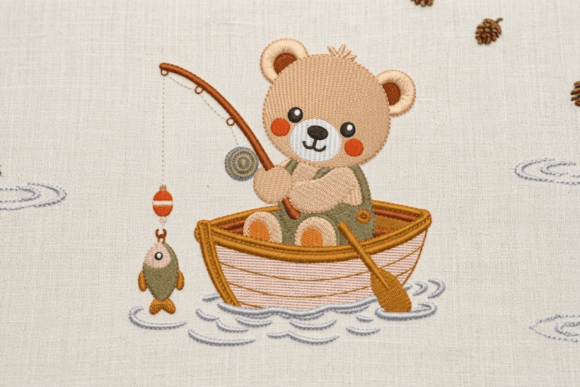Teddy Bear Fishing Embroidery Design