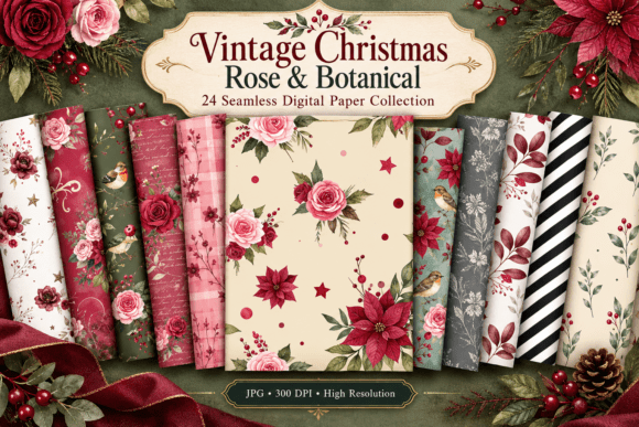 Vintage Christmas Rose & Botanical Paper