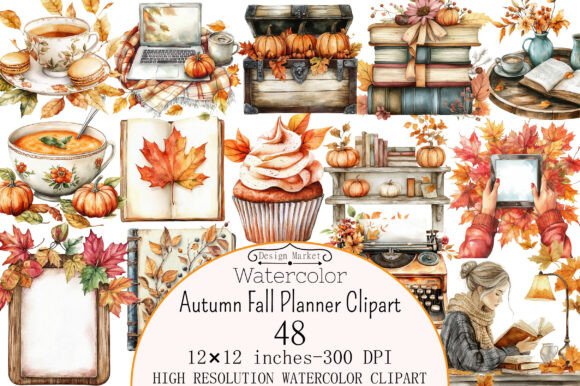 Watercolor Autumn Fall Planner Clipart