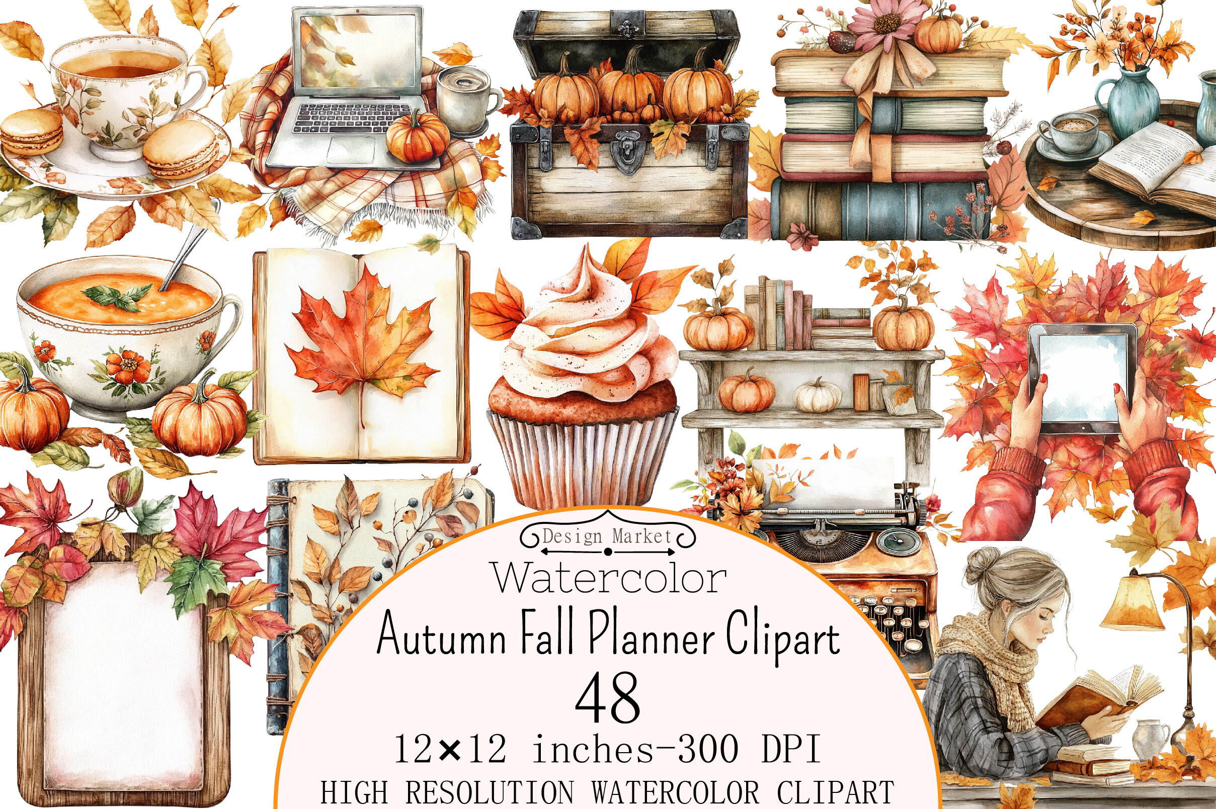 Watercolor Autumn Fall Planner Clipart