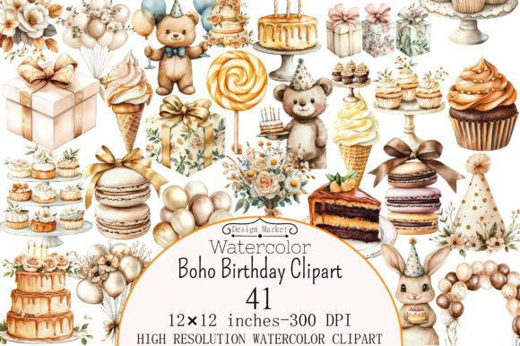 Watercolor Boho Birthday Clipart
