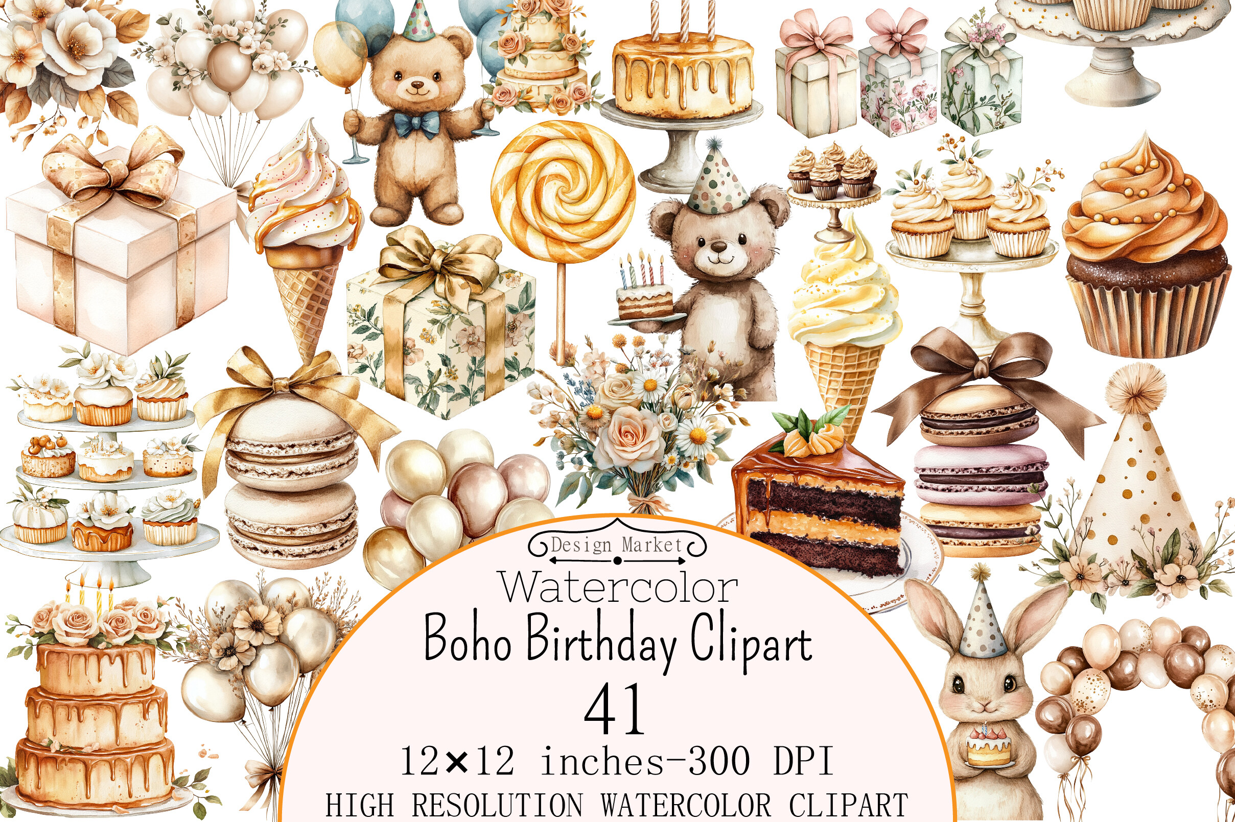 Watercolor Boho Birthday Clipart