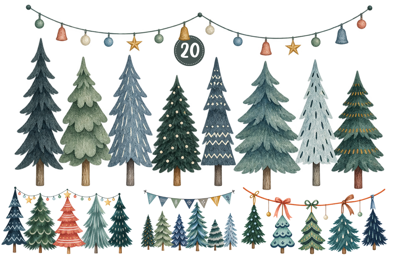 Watercolor Christmas Tree Clipart Bundle