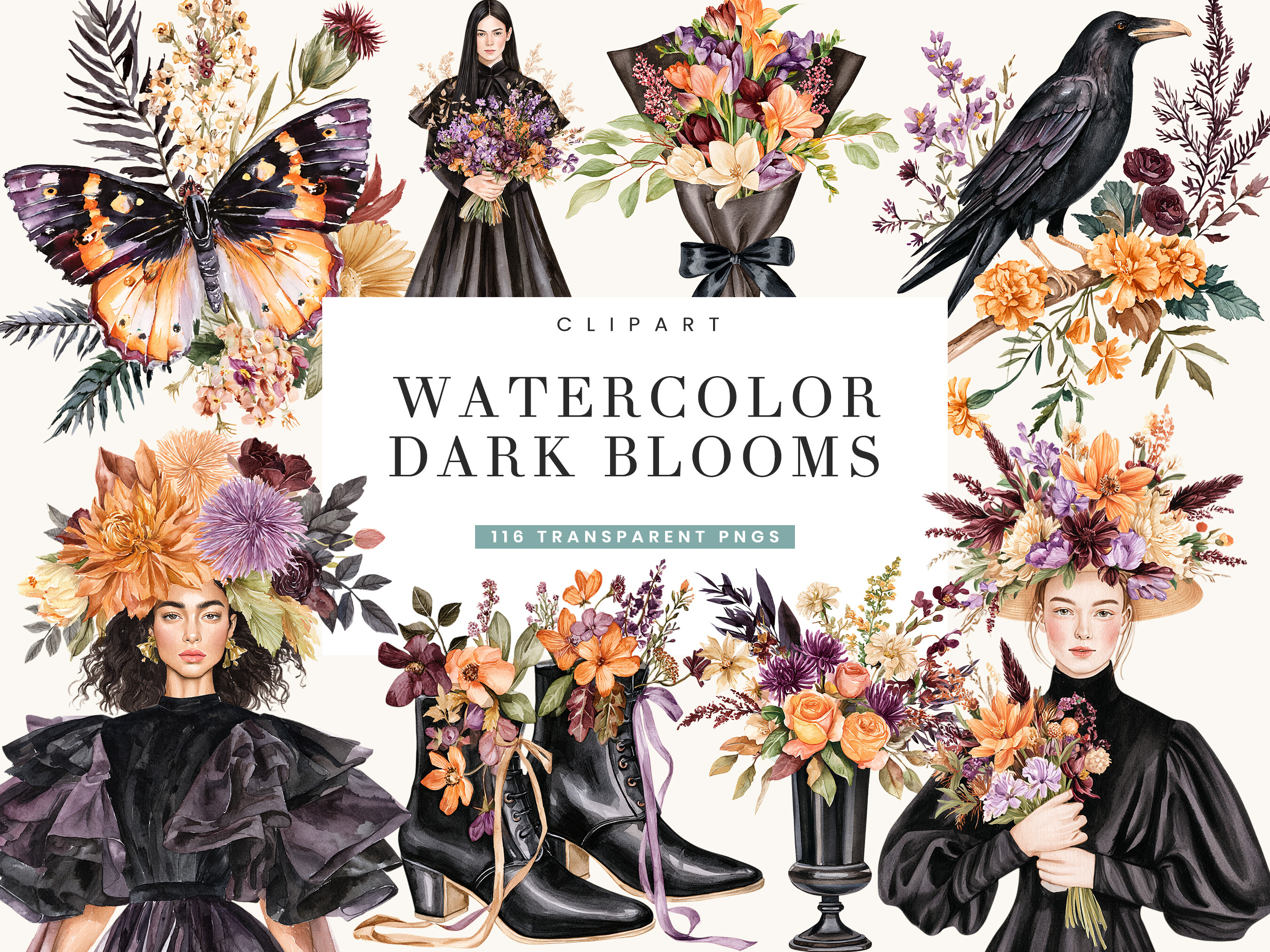 Watercolor Dark Blooms Clipart