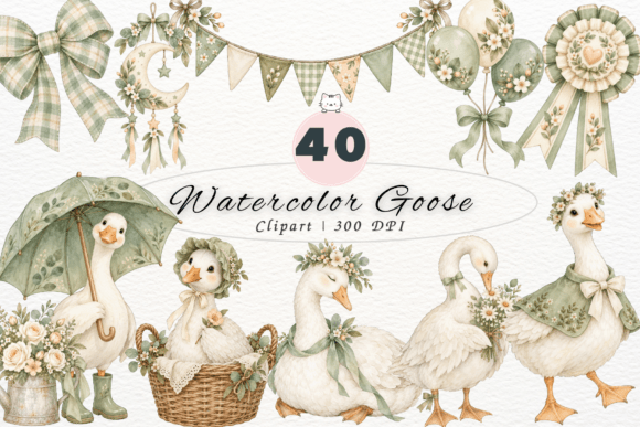 Watercolor Goose Clipart, Sage Green PNG