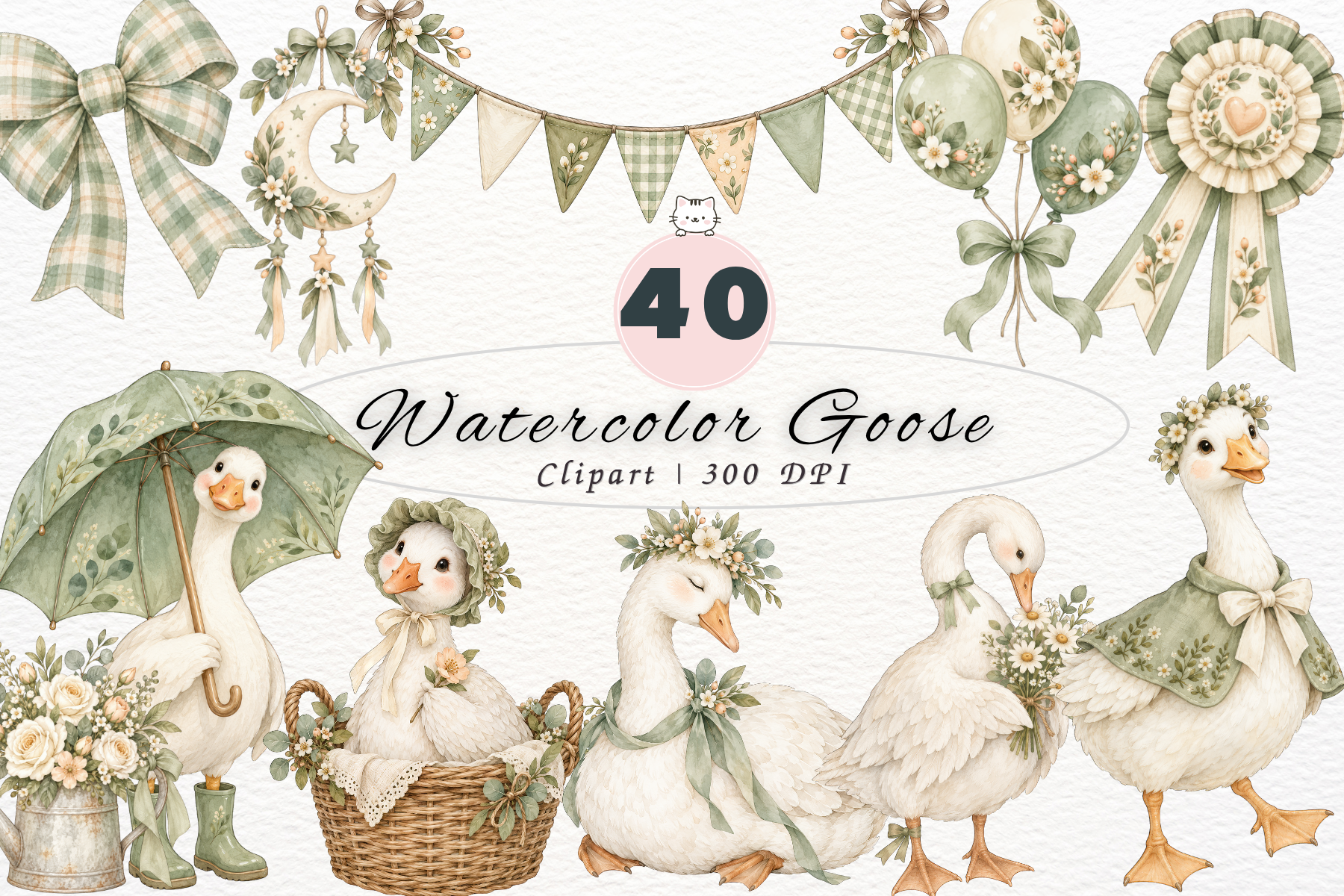 Watercolor Goose Clipart, Sage Green PNG