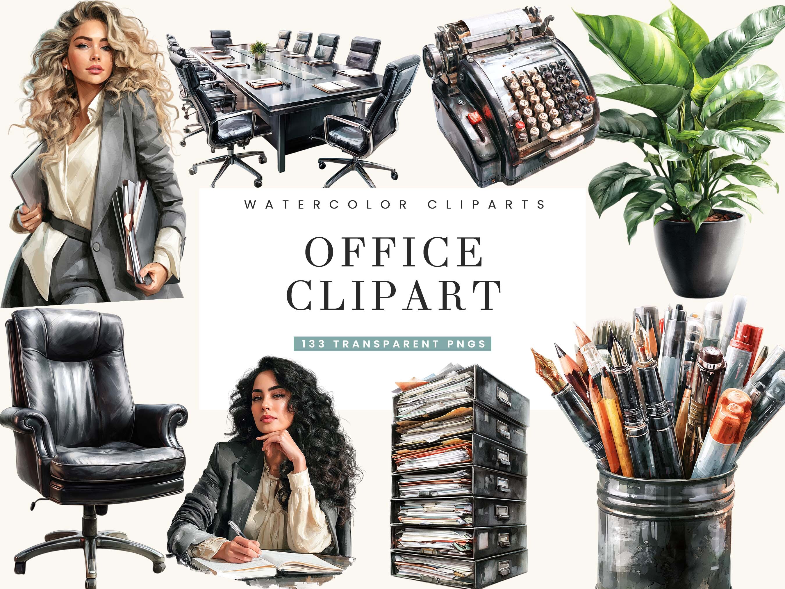 Watercolor Office Clipart Bundle