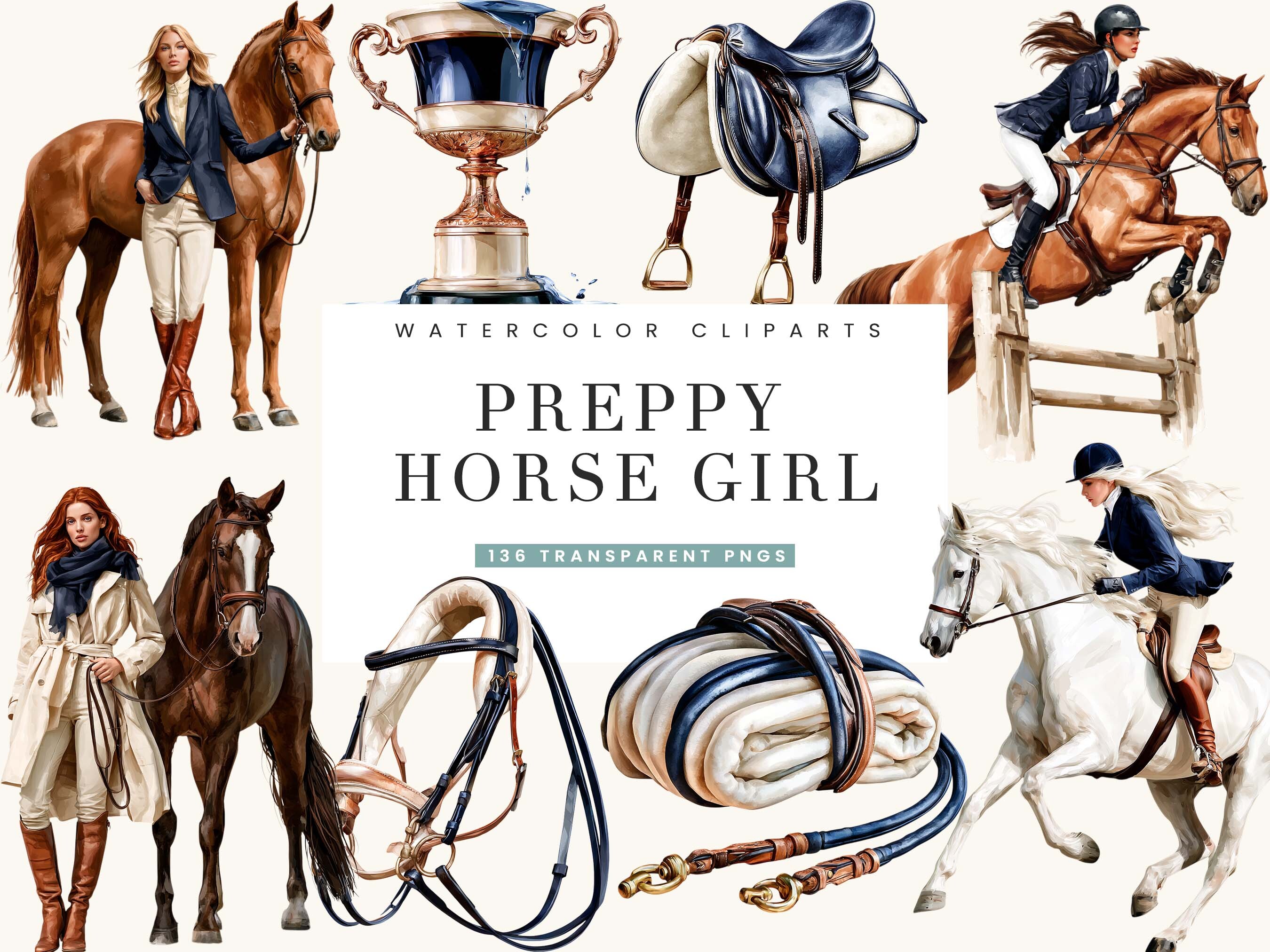 Watercolor Preppy Horse Girl Clipart