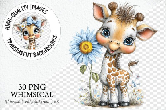 Whimsical Floral Baby Giraffe Clipart