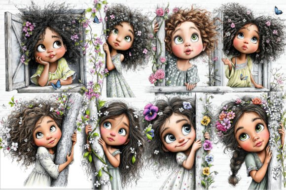 Whimsical Peeking Girl Clipart Bundle