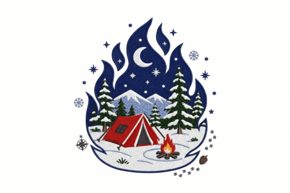 Winter Camping Scene Embroidery Design