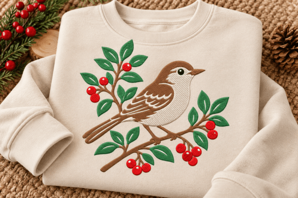Winter Robin & Berries Embroidery Design