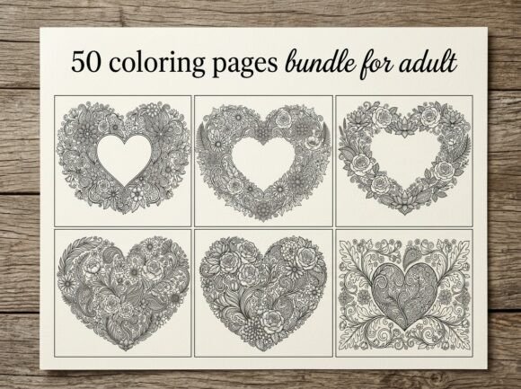50 Heart Floral Coloring Pages Bundle