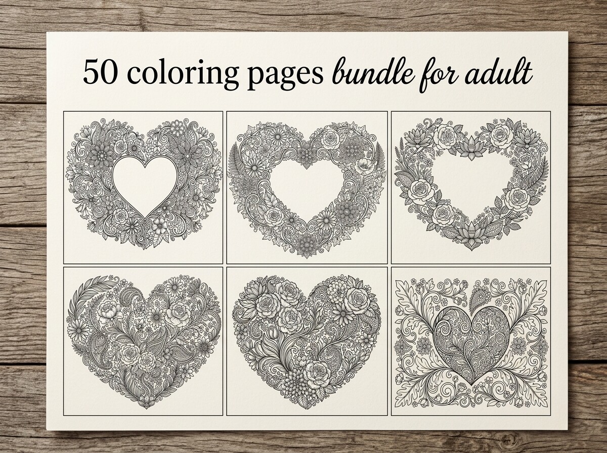 50 Heart Floral Coloring Pages Bundle