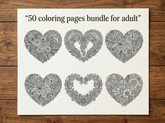 50 Heart Floral Coloring Pages Bundle