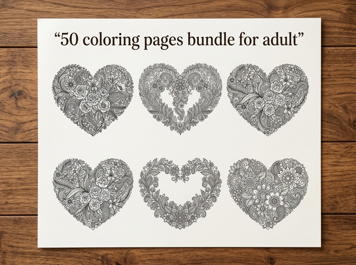 50 Heart Floral Coloring Pages Bundle