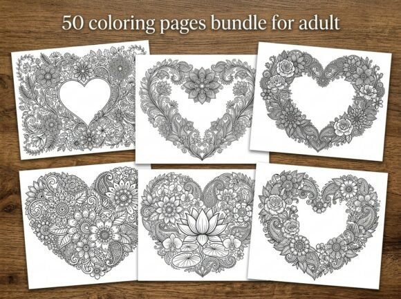 50 Heart Floral Coloring Pages Bundle