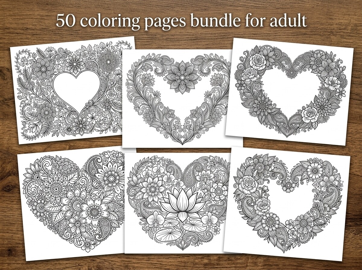 50 Heart Floral Coloring Pages Bundle