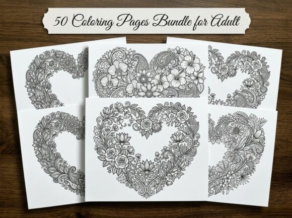 50 Heart Floral Coloring Pages Bundle