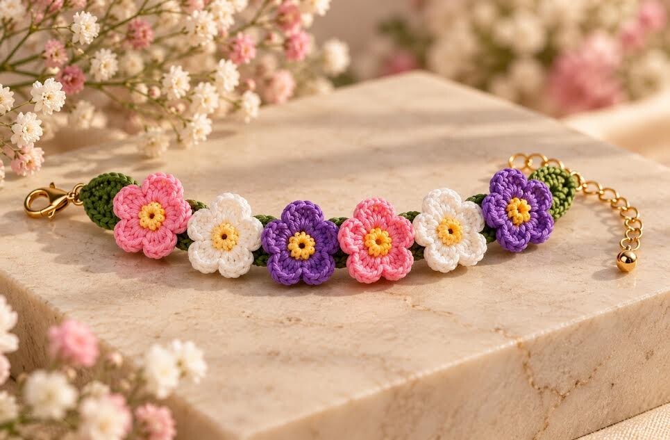 6-Flower Crochet Bracelet Pattern