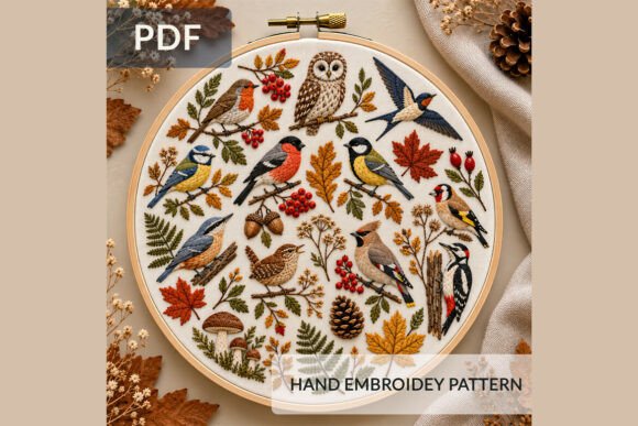Autumn Birds Embroidery Pattern, Woodlan