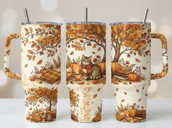 Autumn Cat Pumpkin Cozy Tumbler Design