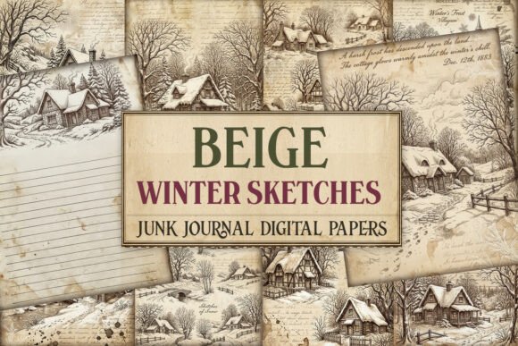 Beige Winter Sketches Junk Journal Pages