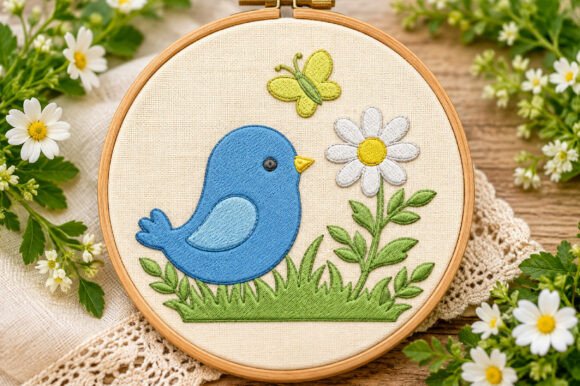 Blue Bird Daisy Embroidery
