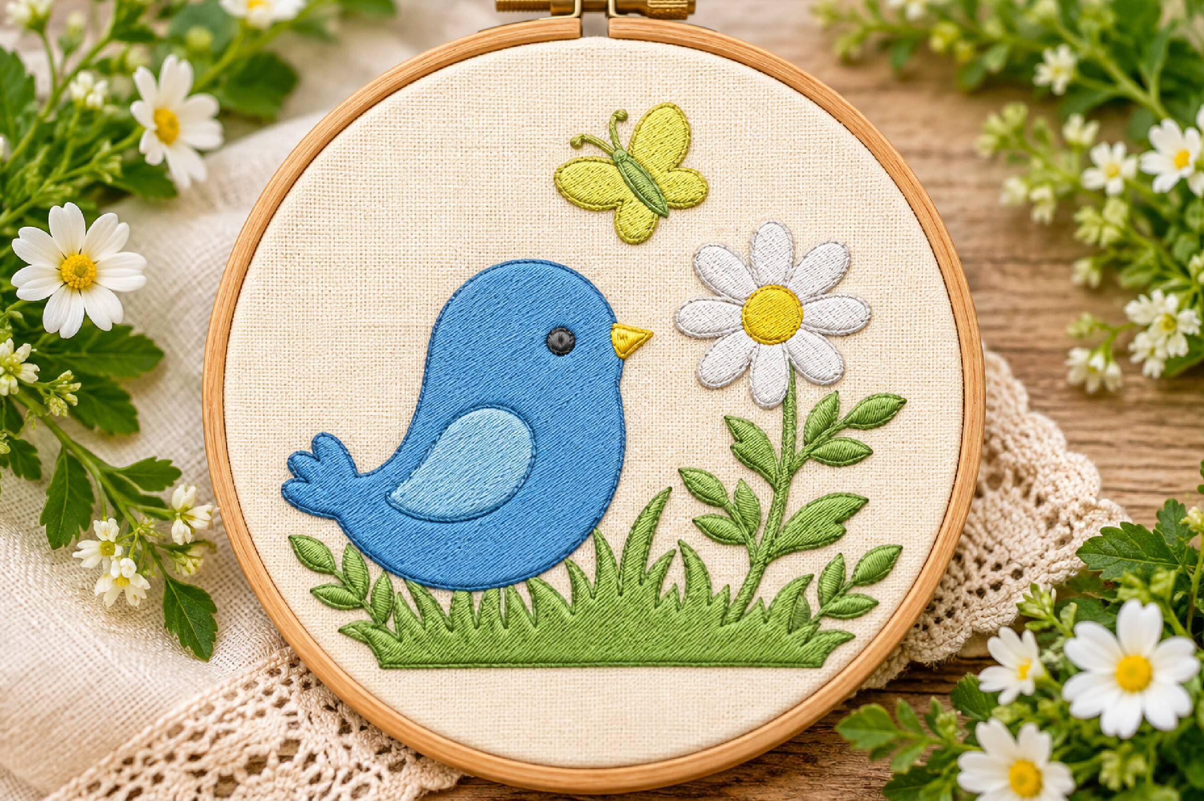 Blue Bird Daisy Embroidery