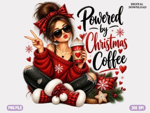 Christmas Coffee Woman PNG, Cozy Holiday