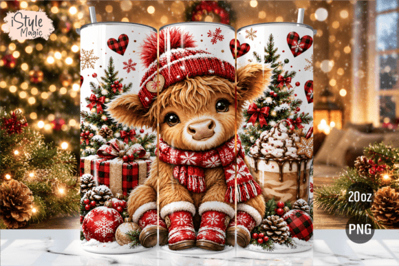 Christmas Highland Cow Tumbler Wrap PNG