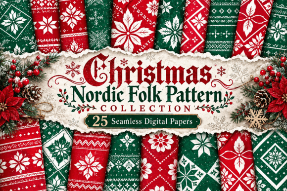 Christmas Nordic Folk Pattern Collection Grafica Motivi di Carta Di Vintage