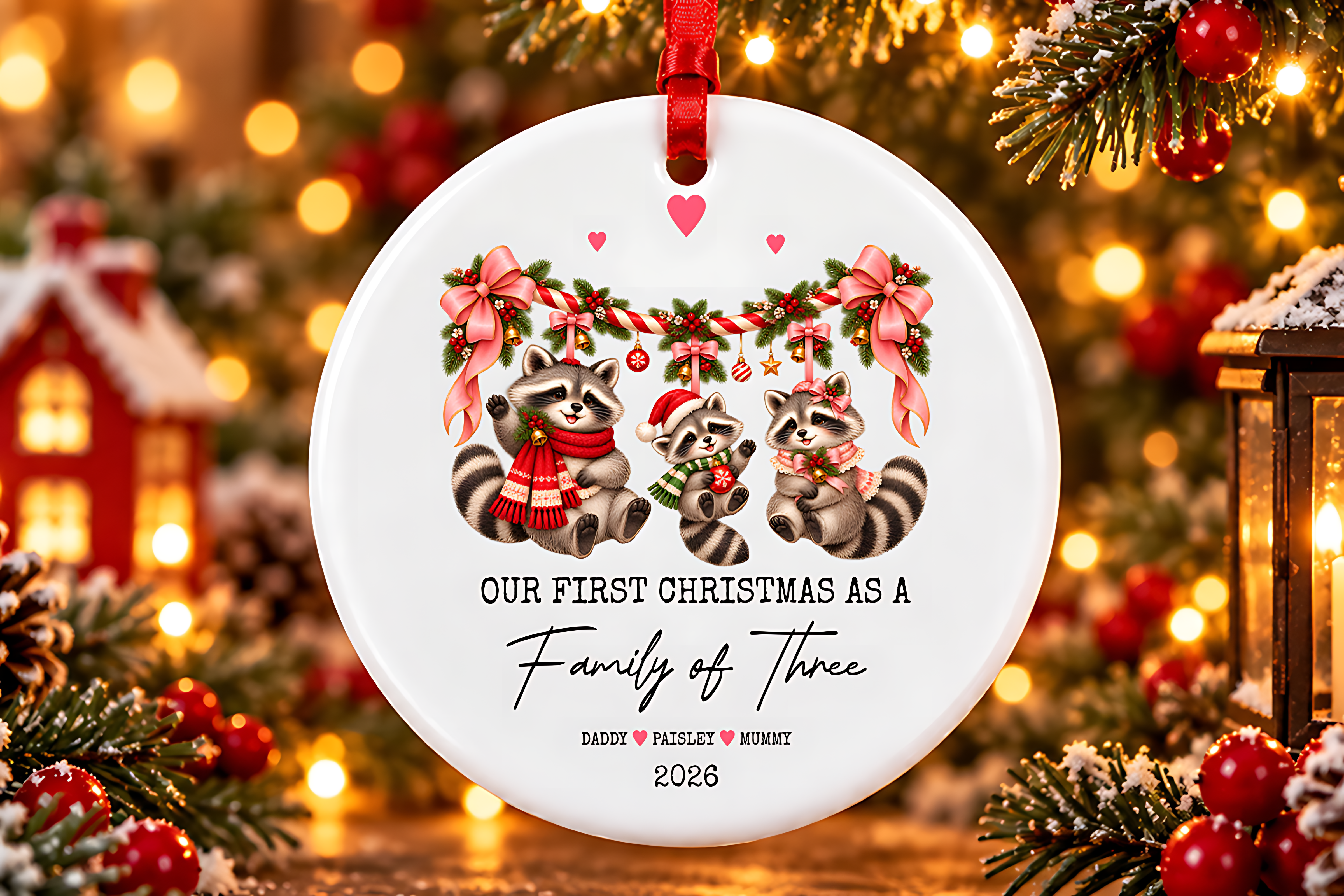 Christmas Raccoon Family Ornament PNG