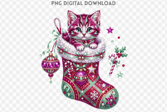 Christmas Stocking Cat Rhinestone PNG