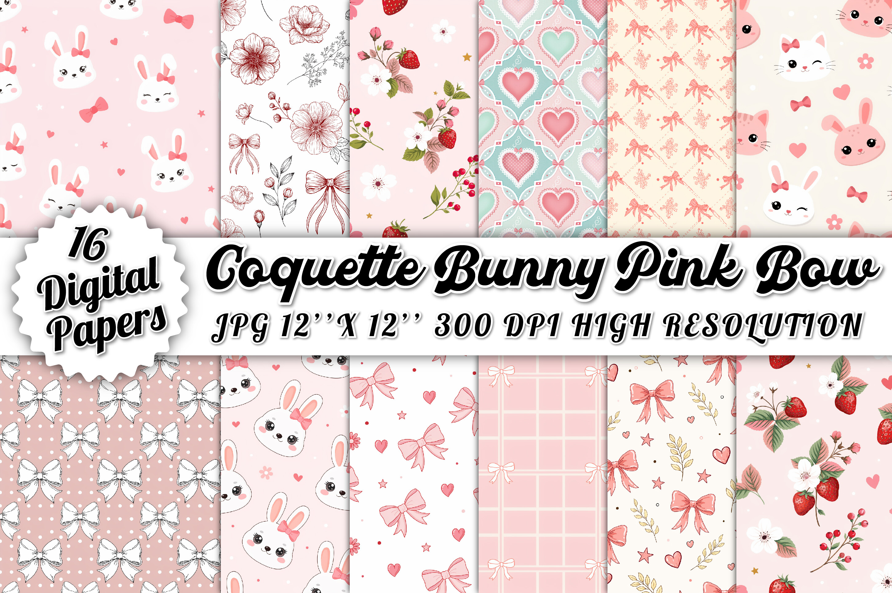 Coquette Bunny & Pink Bow Digital Paper