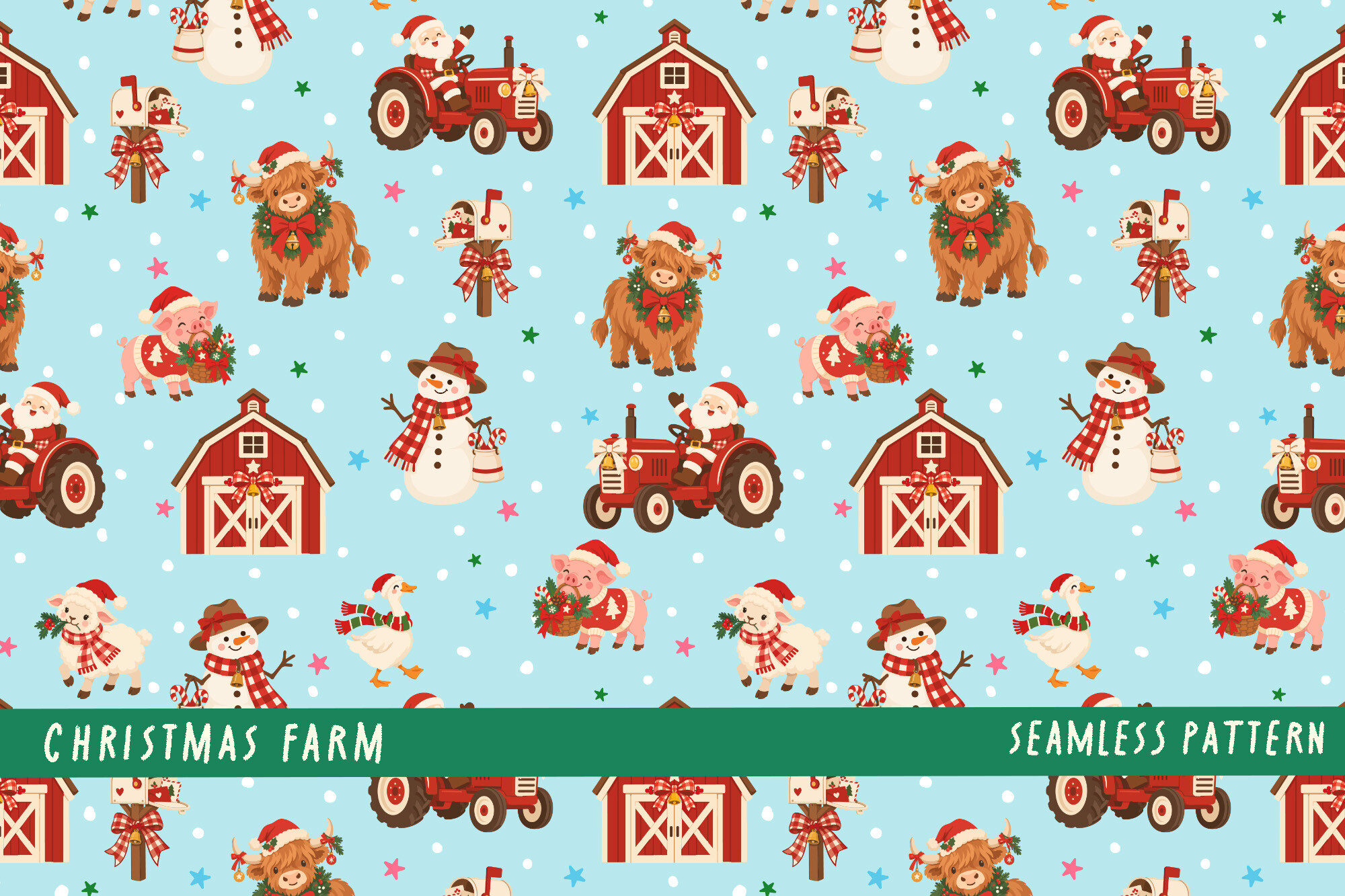 Cute Christmas Farm Blue Pattern PNG
