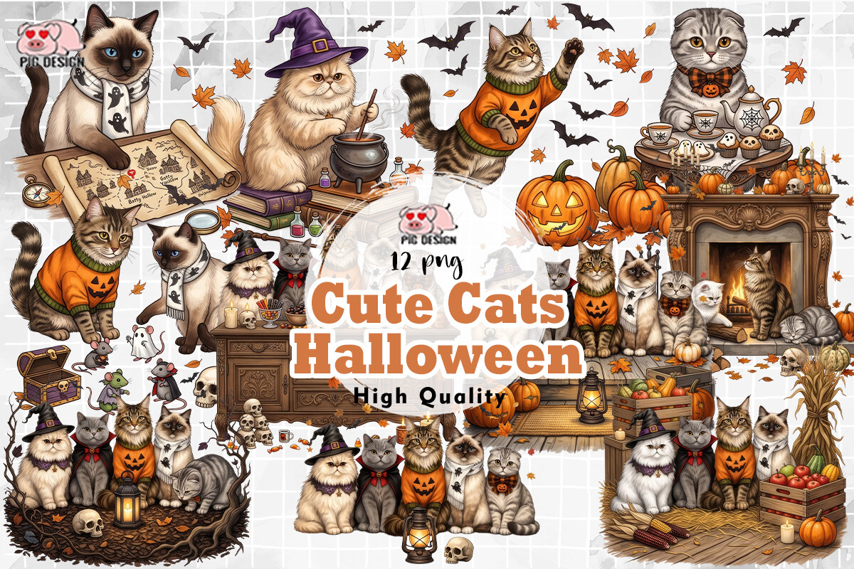 Cute Display Lettering Cute Halloween Cats Clipart Graphic by PIG.design · Creative Fabrica