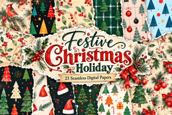 Festive Christmas Holiday Digital Papers