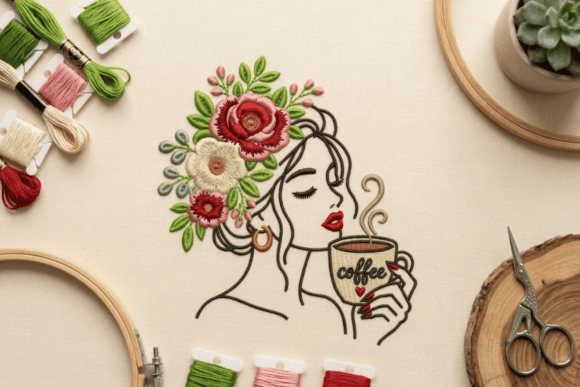 Floral Woman Coffee Embroidery Design